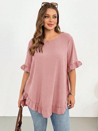 Shapeblank Women's Plus-Size Dusty Pink Summer Casual Everyday Shirt,Fashionable Loose Comfortable Ruffled Short-Sleeved Curve Cute Tops,Women Blouse