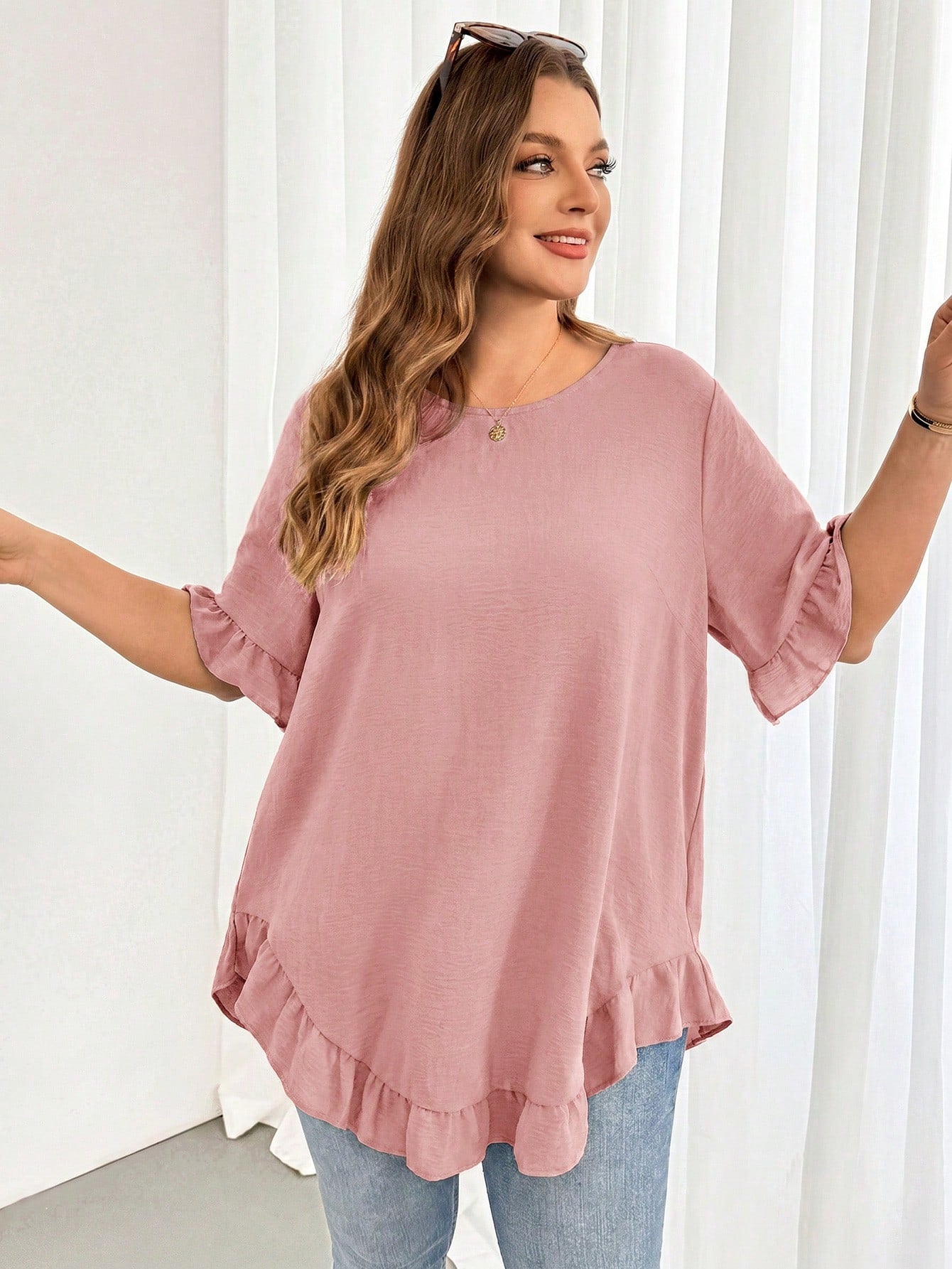Shapeblank Women's Plus-Size Dusty Pink Summer Casual Everyday Shirt,Fashionable Loose Comfortable Ruffled Short-Sleeved Curve Cute Tops,Women Blouse