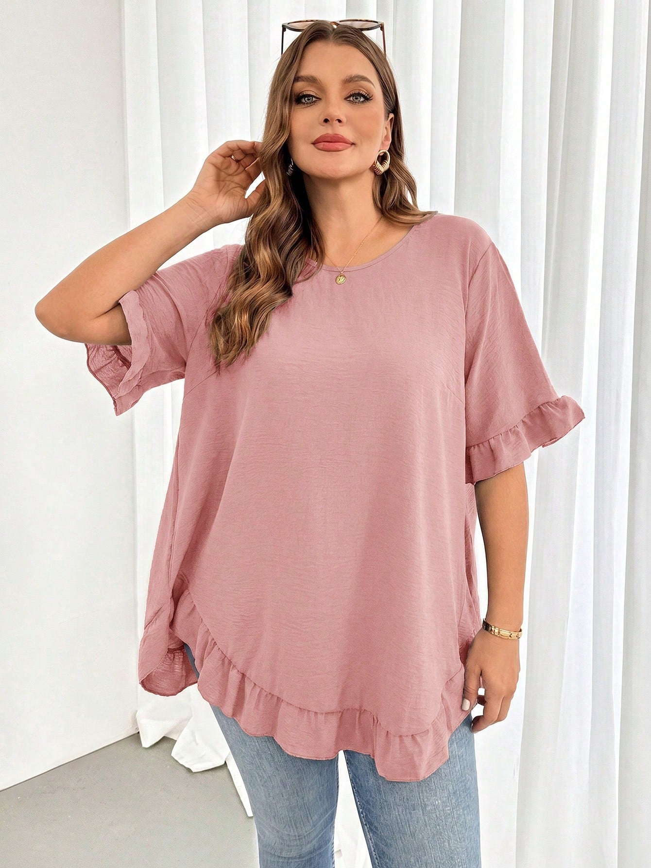 Shapeblank Women's Plus-Size Dusty Pink Summer Casual Everyday Shirt,Fashionable Loose Comfortable Ruffled Short-Sleeved Curve Cute Tops,Women Blouse