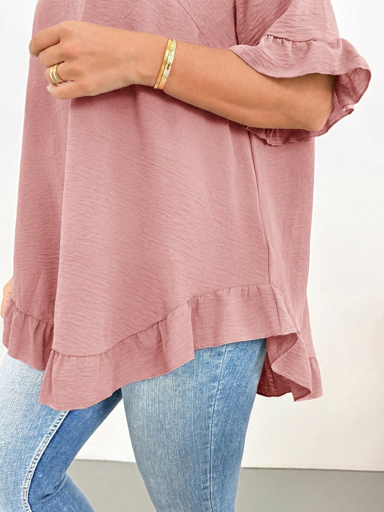 Shapeblank Women's Plus-Size Dusty Pink Summer Casual Everyday Shirt,Fashionable Loose Comfortable Ruffled Short-Sleeved Curve Cute Tops,Women Blouse