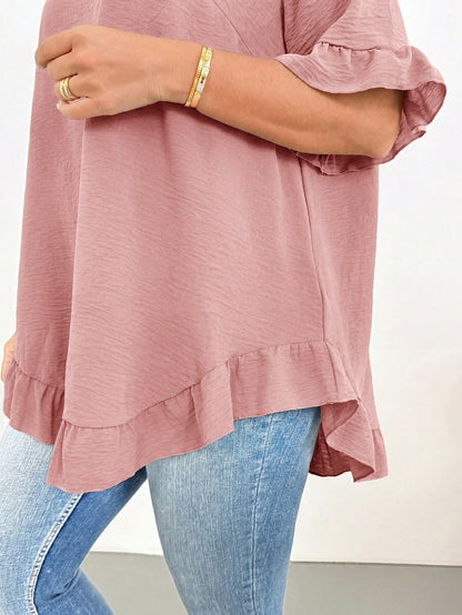 Shapeblank Women's Plus-Size Dusty Pink Summer Casual Everyday Shirt,Fashionable Loose Comfortable Ruffled Short-Sleeved Curve Cute Tops,Women Blouse