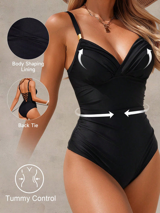 Shapewave Women's Elegant Tummy Control One-Piece Swimsuit,Black Wrap-Around Push-Up Swimwear, Back Tie Shapewear For Summer Beach Party,Holiday & Vacation