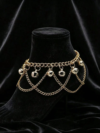 SHEEGIOR 1pc Fashion Exotic Style Small Bell Anklet, Bohemian Vintage Palace Style Multi-Layer Wave Tassel Pendant Barefoot Foot Chain, Belly Dance Foot Jewelry Accessory For Women Girls Dance Perform