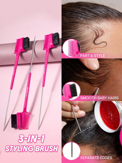 SHEGLAM HAIR Locked in Edge Bestie 3-In-1 Styling Tool,Hair Edge Brush With Tail Comb,Styling Brush,Smooth Baby Hairs,Part & Style,Multi-Use Styling Brush,Double Sided Control Hair Comb & Eyebrow Brus