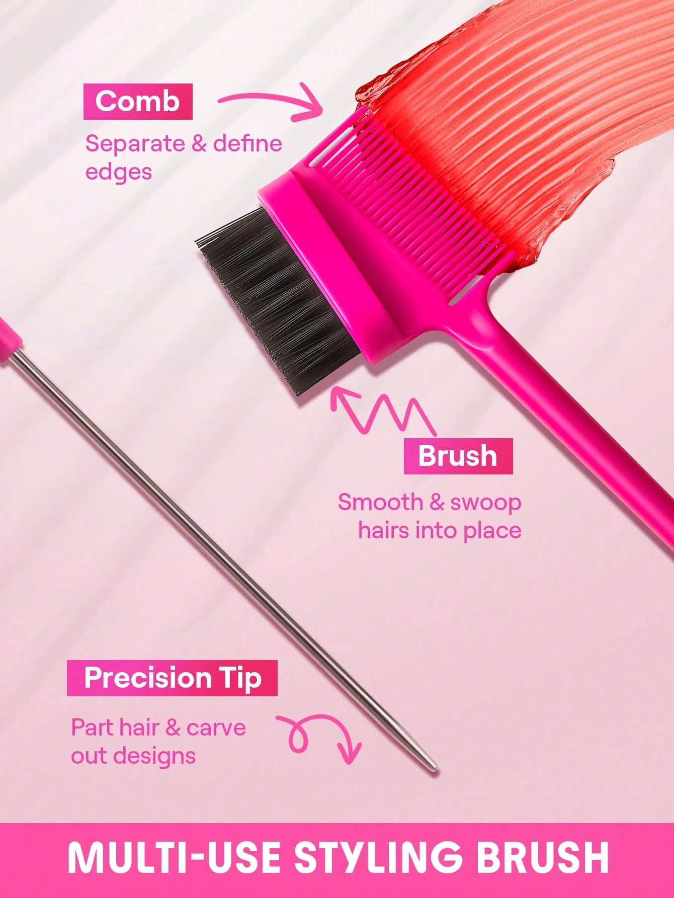 SHEGLAM HAIR Locked in Edge Bestie 3-In-1 Styling Tool,Hair Edge Brush With Tail Comb,Styling Brush,Smooth Baby Hairs,Part & Style,Multi-Use Styling Brush,Double Sided Control Hair Comb & Eyebrow Brus