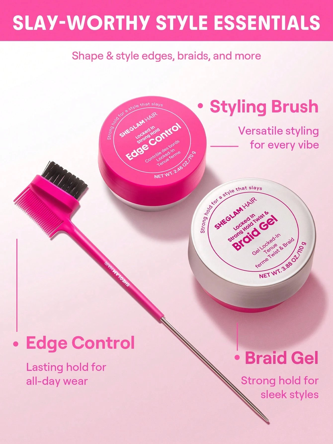 SHEGLAM HAIR Locked in Edge Bestie 3-In-1 Styling Tool,Hair Edge Brush With Tail Comb,Styling Brush,Smooth Baby Hairs,Part & Style,Multi-Use Styling Brush,Double Sided Control Hair Comb & Eyebrow Brus