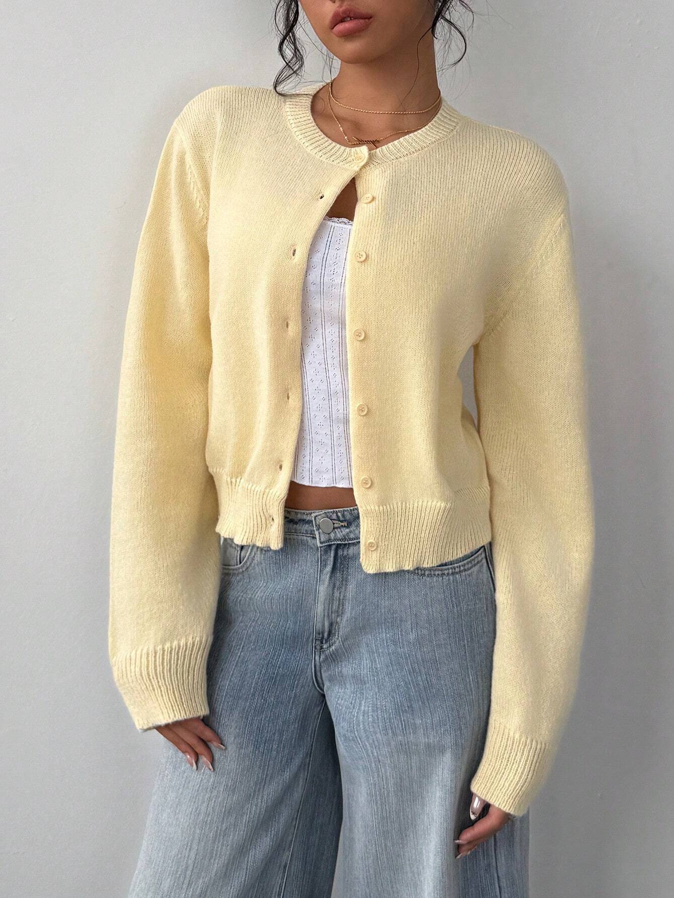 SHEIN BASICS Casual Solid Color Round Neck Long Sleeve Loose Cropped Women Cardigan Sweater Women Autumn Coat Back-To-School School Off Campus Pale Yellow