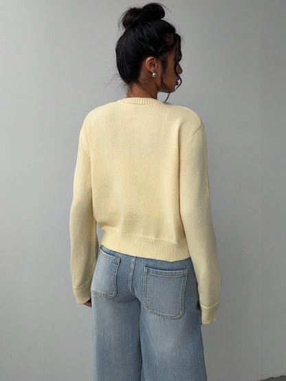 SHEIN BASICS Casual Solid Color Round Neck Long Sleeve Loose Cropped Women Cardigan Sweater Women Autumn Coat Back-To-School School Off Campus Pale Yellow