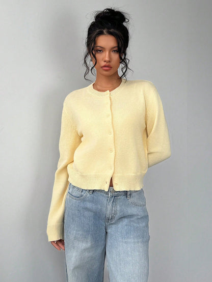 SHEIN BASICS Casual Solid Color Round Neck Long Sleeve Loose Cropped Women Cardigan Sweater Women Autumn Coat Back-To-School School Off Campus Pale Yellow