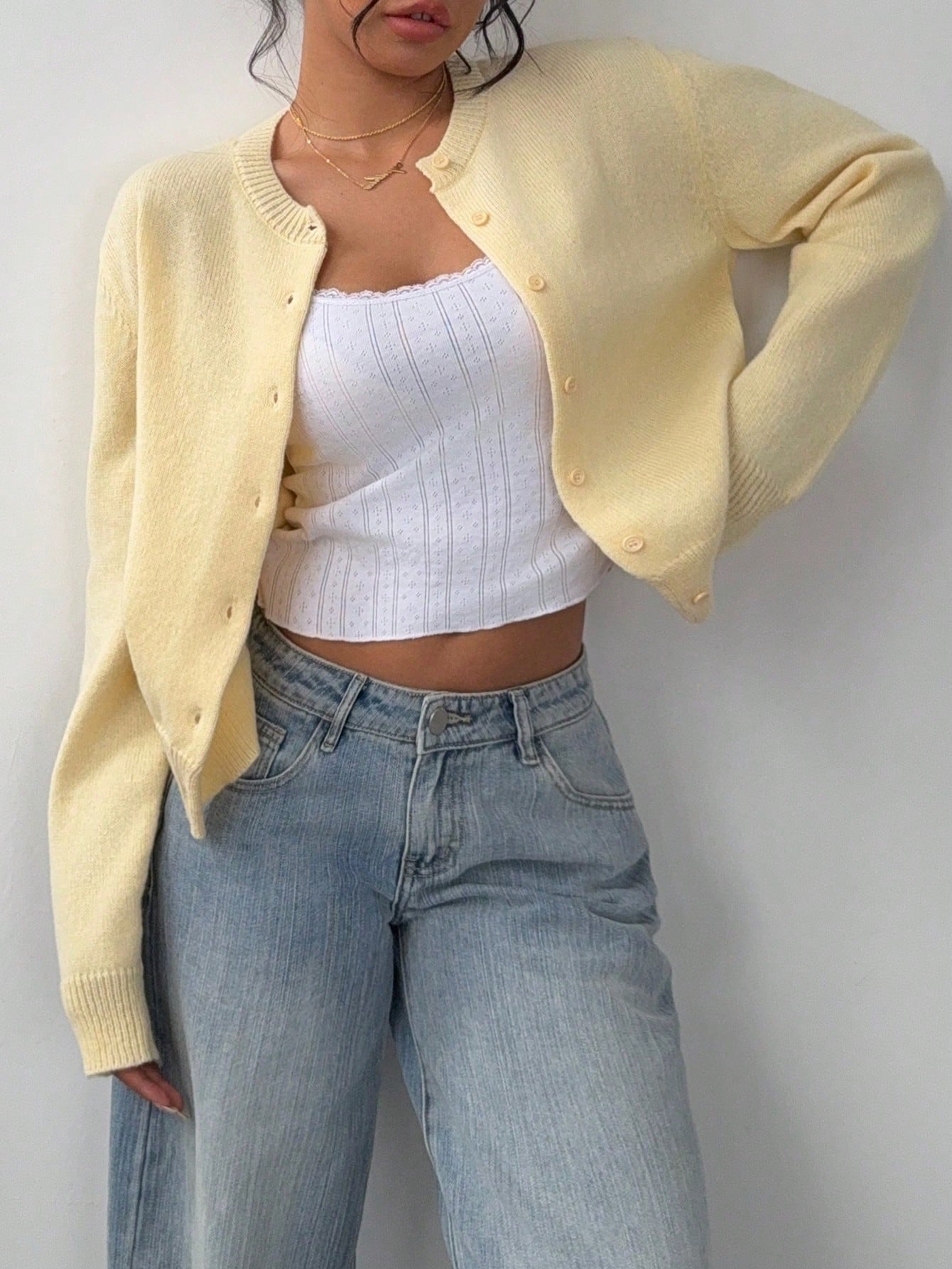 SHEIN BASICS Casual Solid Color Round Neck Long Sleeve Loose Cropped Women Cardigan Sweater Women Autumn Coat Back-To-School School Off Campus Pale Yellow