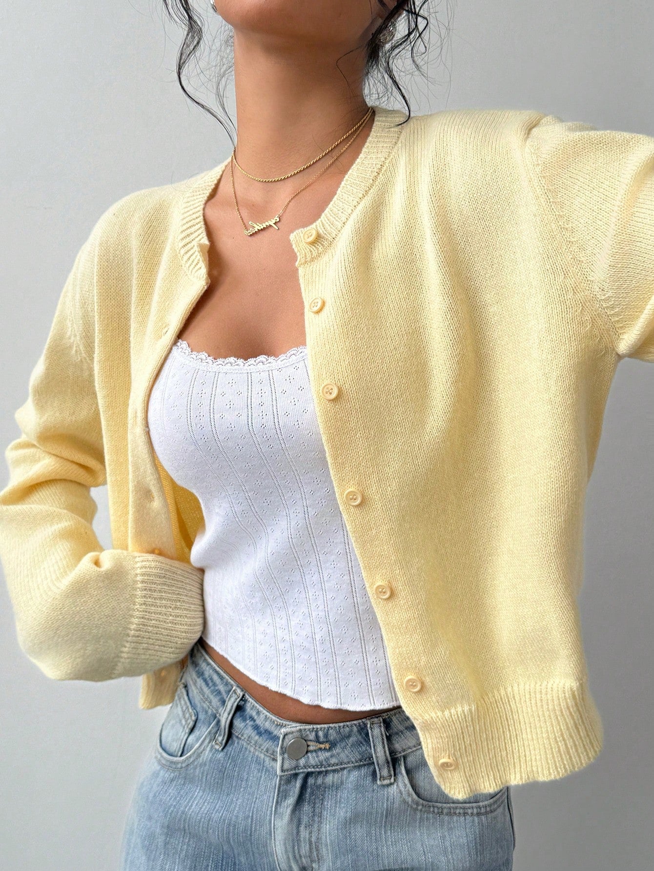 SHEIN BASICS Casual Solid Color Round Neck Long Sleeve Loose Cropped Women Cardigan Sweater Women Autumn Coat Back-To-School School Off Campus Pale Yellow