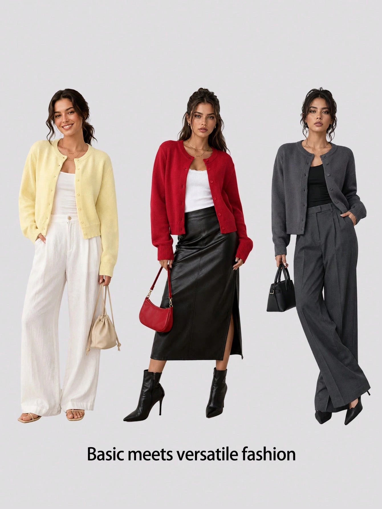 SHEIN BASICS Casual Solid Color Round Neck Long Sleeve Loose Cropped Women Cardigan Sweater Women Autumn Coat Back-To-School School Off Campus Pale Yellow