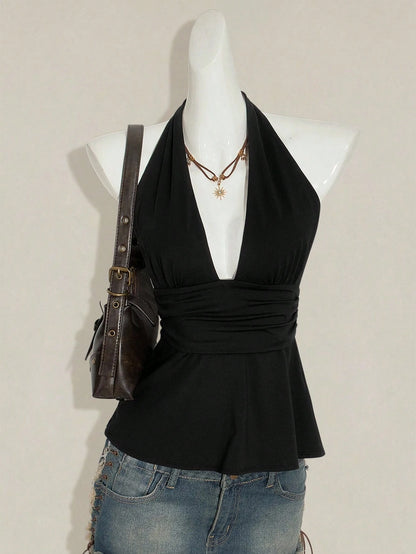 SHEIN ICON Halloween Women's Halter Backless Black Babydoll Tank Top