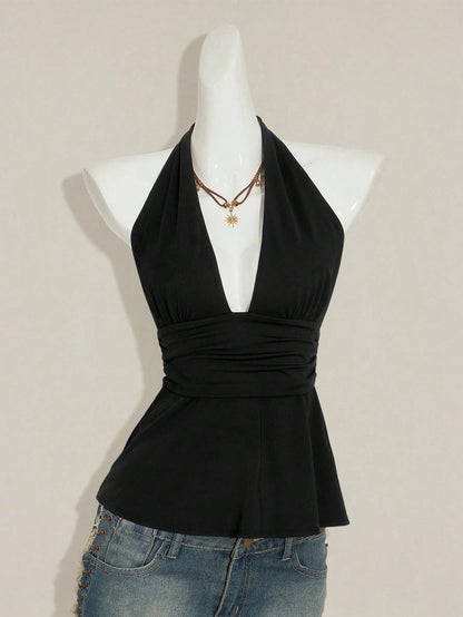 SHEIN ICON Halloween Women's Halter Backless Black Babydoll Tank Top