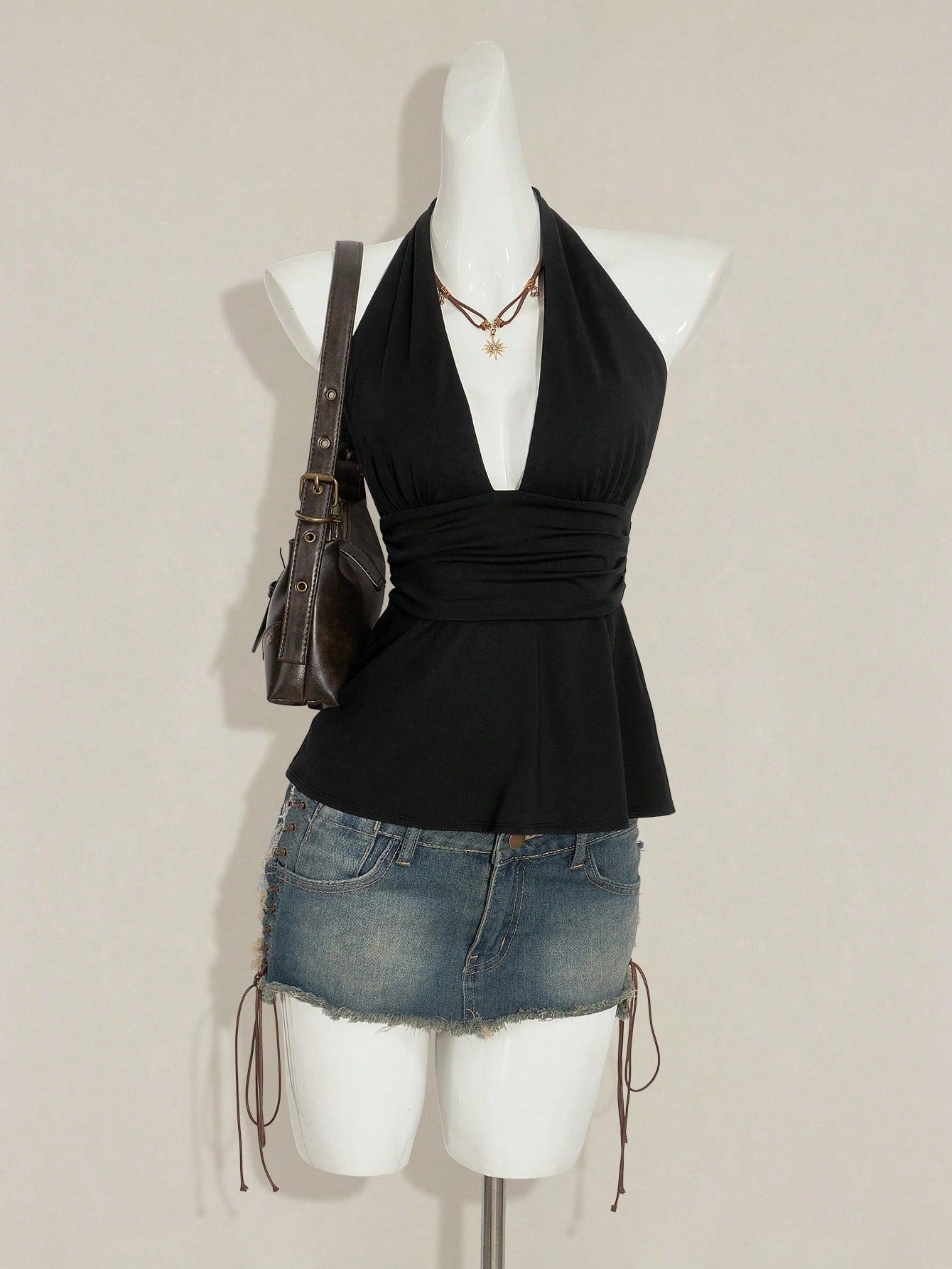 SHEIN ICON Halloween Women's Halter Backless Black Babydoll Tank Top