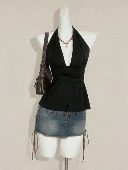 SHEIN ICON Halloween Women's Halter Backless Black Babydoll Tank Top