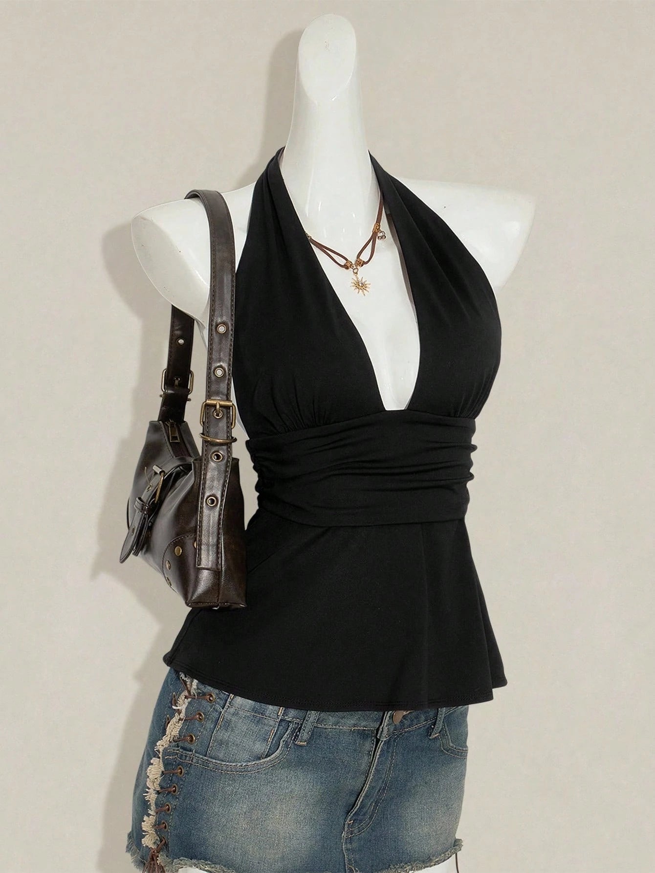 SHEIN ICON Halloween Women's Halter Backless Black Babydoll Tank Top