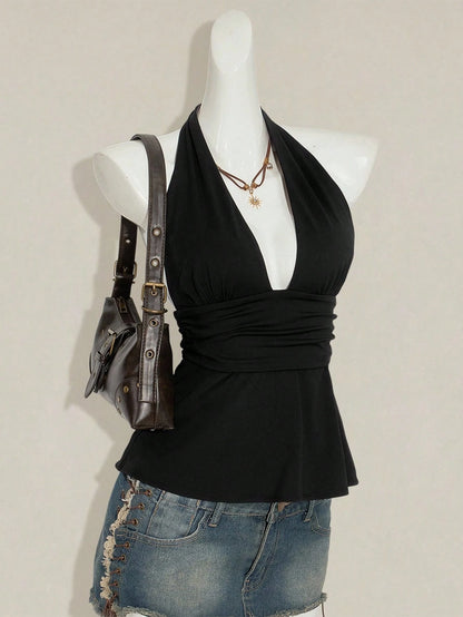SHEIN ICON Halloween Women's Halter Backless Black Babydoll Tank Top