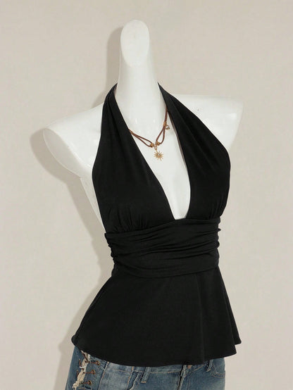 SHEIN ICON Halloween Women's Halter Backless Black Babydoll Tank Top