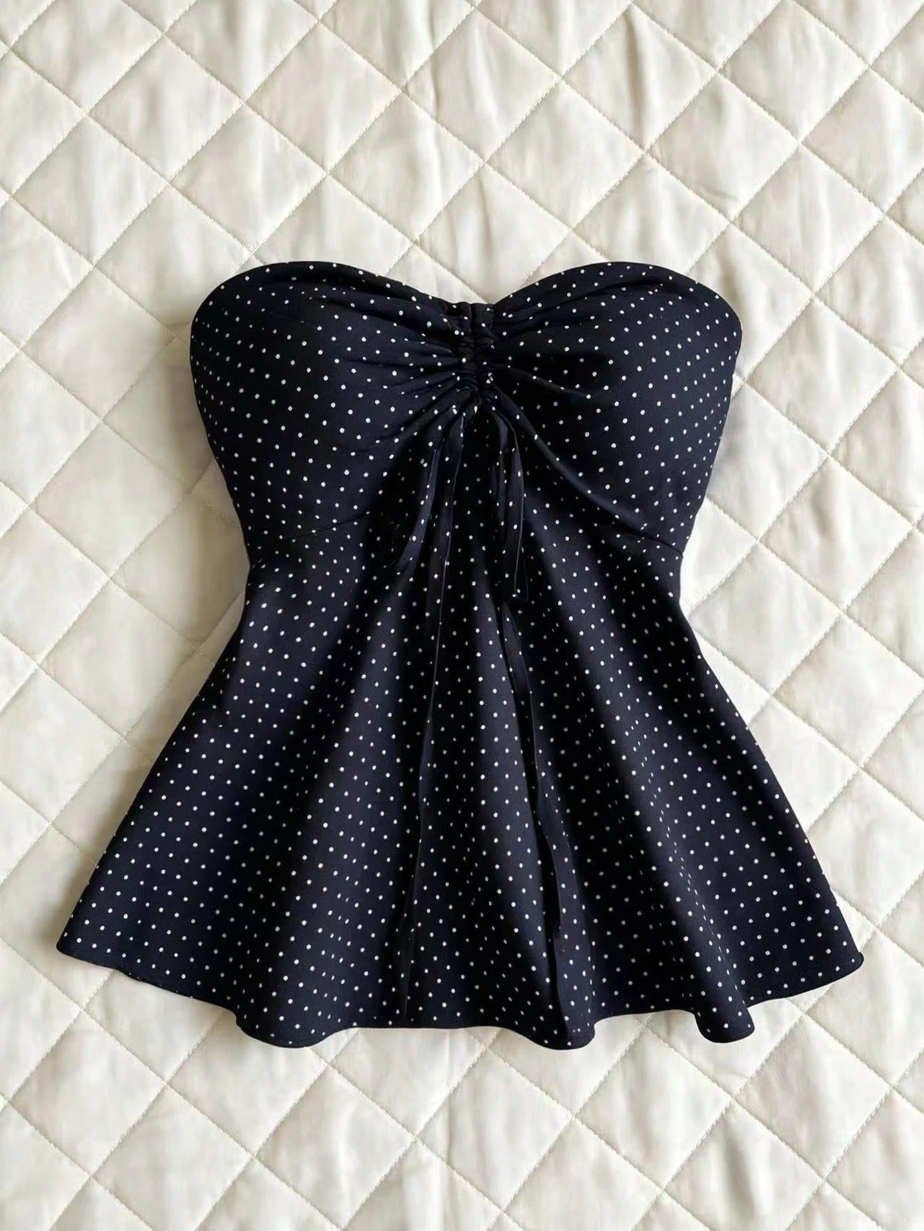 SHEIN Tall Autumn Fashion Design New Vintage Romantic Polka Dot Bow Pleated Umbrella Hem Slimming Versatile Women's Tall Top