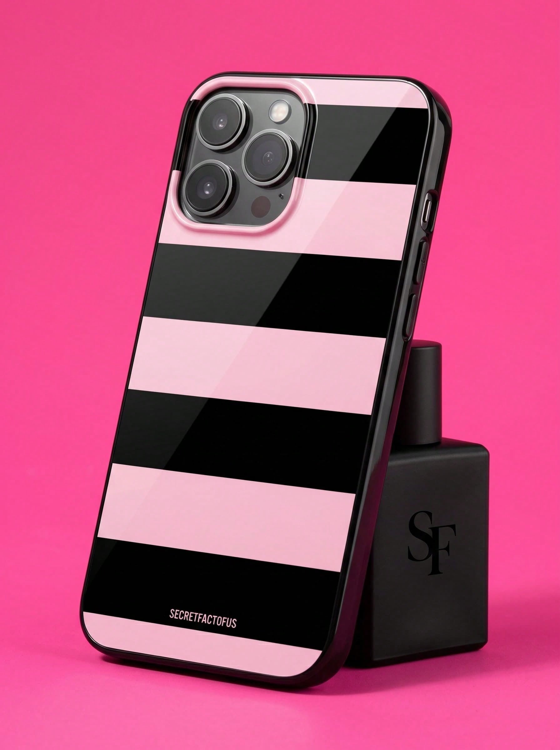 ShellaStory Pink Black Striped Elements Fashion Phone Cases Retro Geometric Striped Phone Case, SECRET FACTORUS Fashionable Pattern Protective Cover, Compatible With IPhone 17/ 17 Air/ 17 Pro/ 17 P