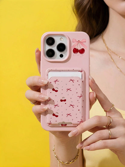 ShellaStory Pink Cherry Pattern Cardholder Pink Cherry Blossom & Bowknot Pattern Cardholder 2pcs Phone Cases + Sticky Card Slots Compatible With Apple 13 Series, 11 Series, 12 Series, 14 Series, 15 Se