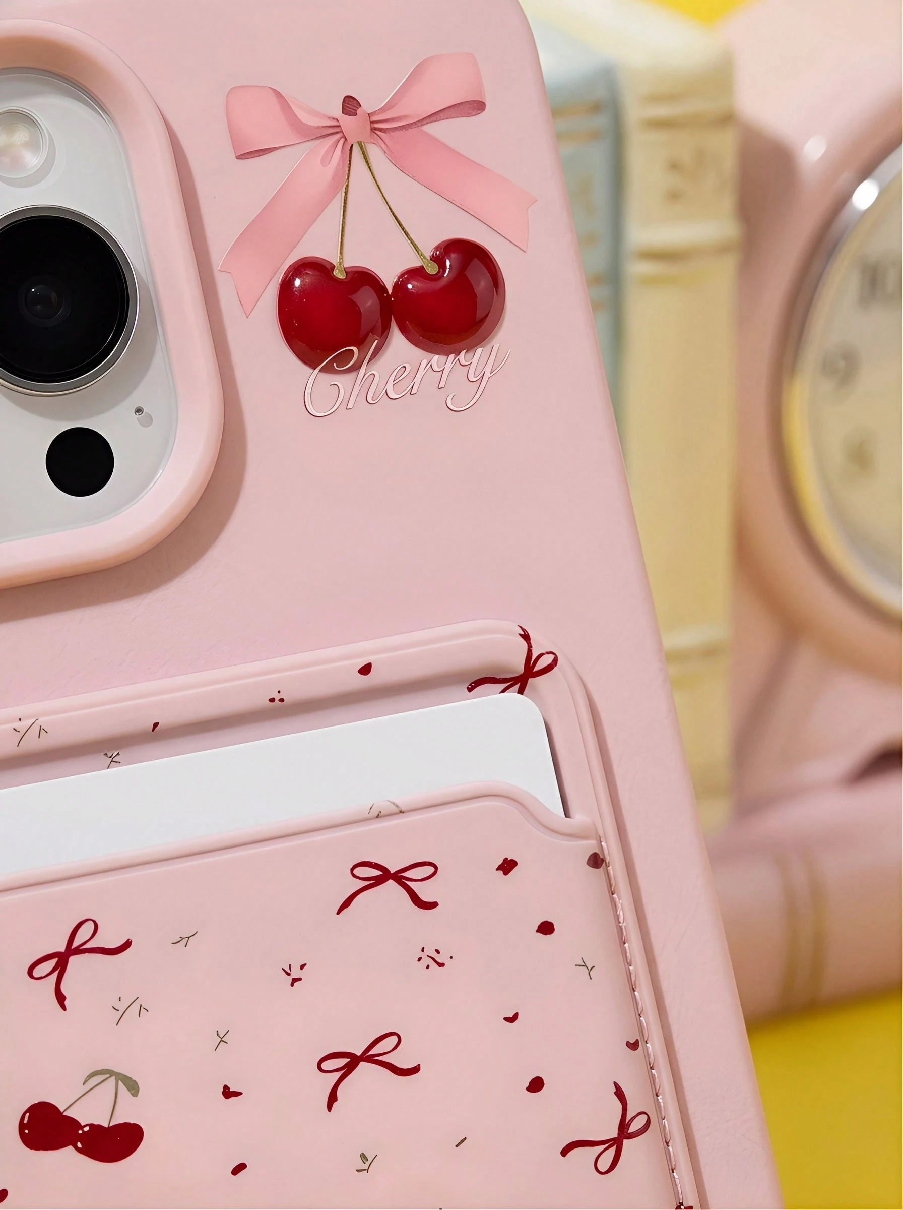 ShellaStory Pink Cherry Pattern Cardholder Pink Cherry Blossom & Bowknot Pattern Cardholder 2pcs Phone Cases + Sticky Card Slots Compatible With Apple 13 Series, 11 Series, 12 Series, 14 Series, 15 Se
