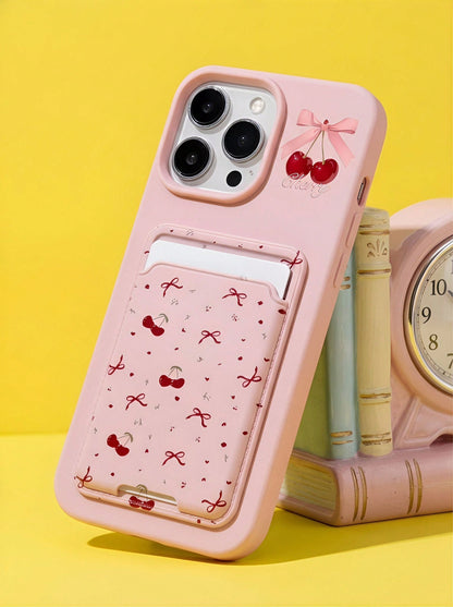 ShellaStory Pink Cherry Pattern Cardholder Pink Cherry Blossom & Bowknot Pattern Cardholder 2pcs Phone Cases + Sticky Card Slots Compatible With Apple 13 Series, 11 Series, 12 Series, 14 Series, 15 Se