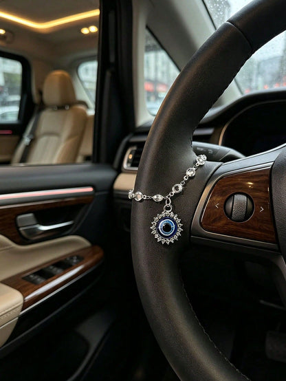 Shiny Crystal Chain Evil Eye Steering Wheel Pendant, Lucky Evil Eye Amulet Car Interior Decoration, Bohemian Style Car Steering Wheel Hanging Ornament