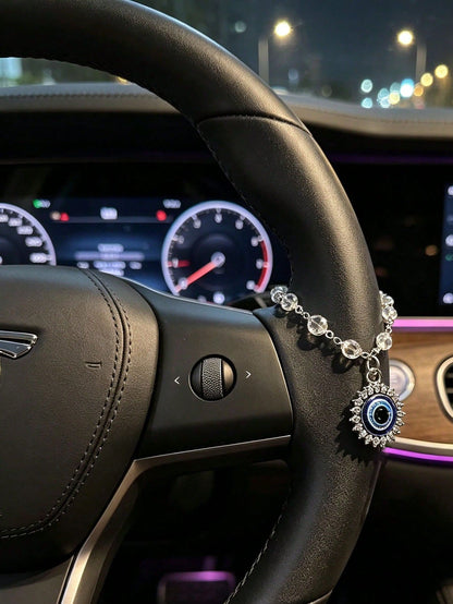 Shiny Crystal Chain Evil Eye Steering Wheel Pendant, Lucky Evil Eye Amulet Car Interior Decoration, Bohemian Style Car Steering Wheel Hanging Ornament