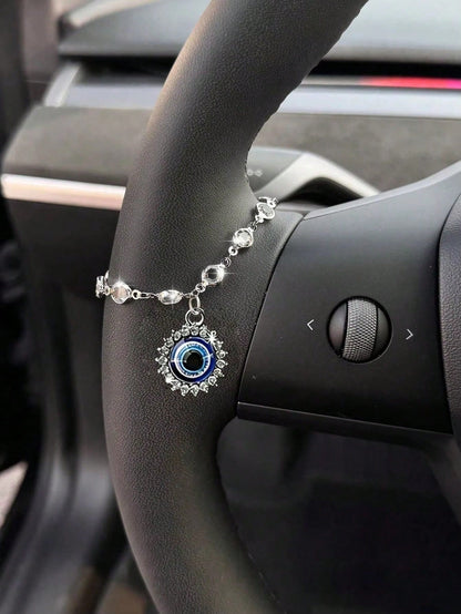 Shiny Crystal Chain Evil Eye Steering Wheel Pendant, Lucky Evil Eye Amulet Car Interior Decoration, Bohemian Style Car Steering Wheel Hanging Ornament