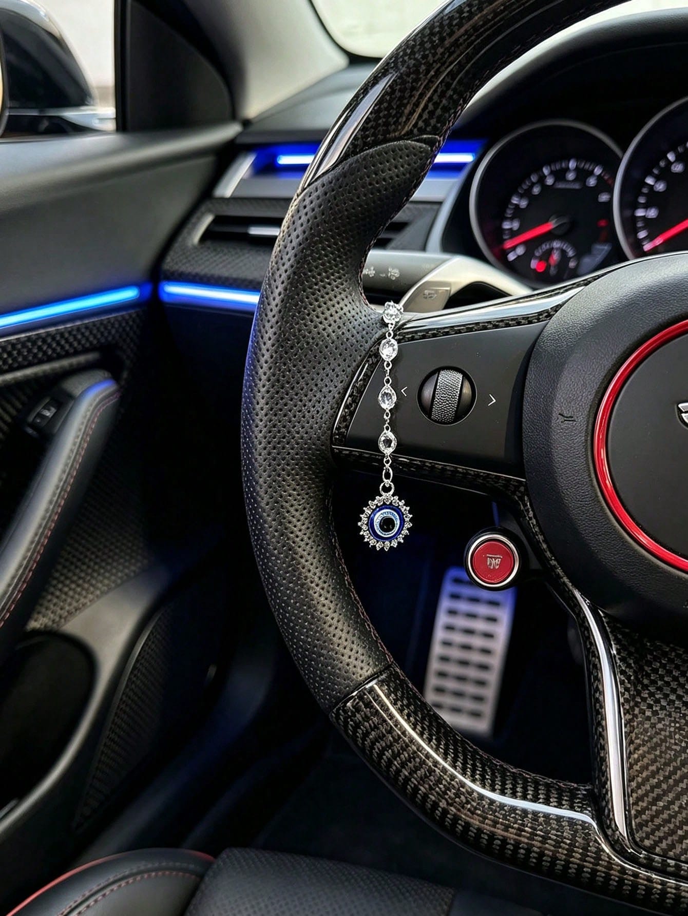 Shiny Crystal Chain Evil Eye Steering Wheel Pendant, Lucky Evil Eye Amulet Car Interior Decoration, Bohemian Style Car Steering Wheel Hanging Ornament