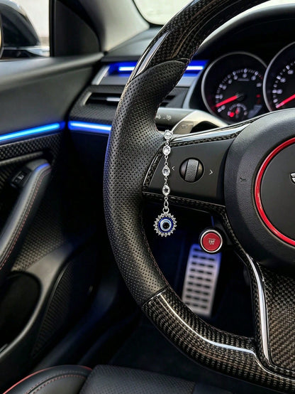 Shiny Crystal Chain Evil Eye Steering Wheel Pendant, Lucky Evil Eye Amulet Car Interior Decoration, Bohemian Style Car Steering Wheel Hanging Ornament