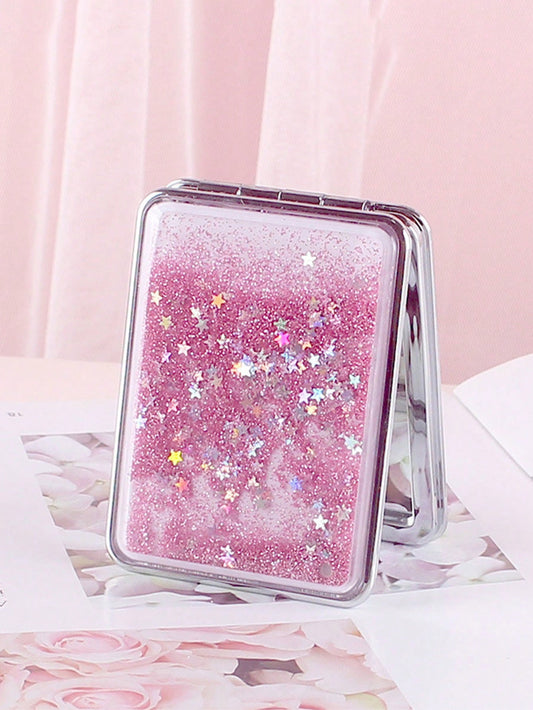 Shiny Quicksand Makeup Mirror Portable Magnifying Hand Square Makeup Standing Vanity Foldable Pocket Mirror Cute Compact Girls,Makeup,Cheap,Room Decor,Vanity,Travel,Bedroom,Makeup Accessories,Mirror,V