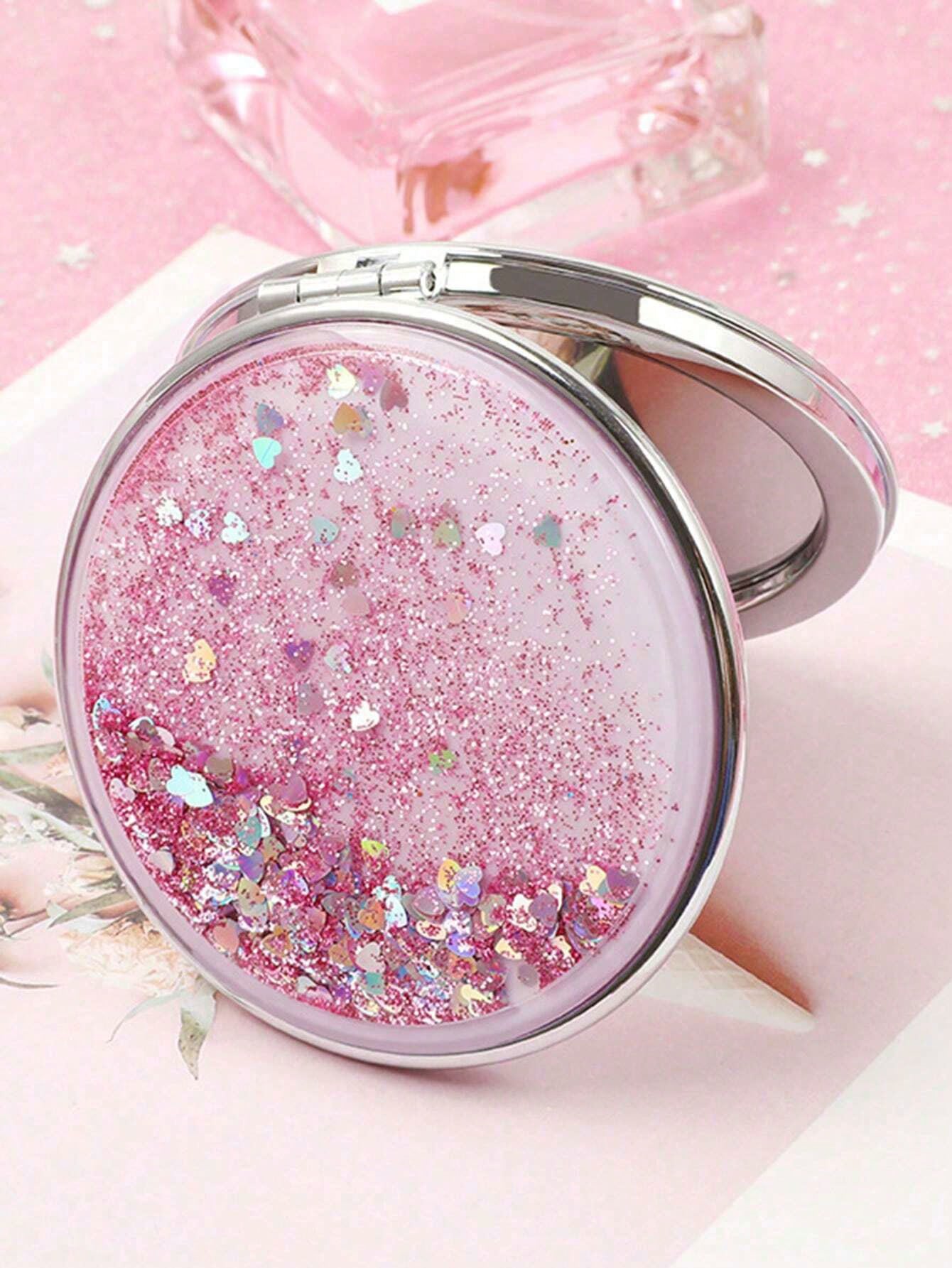 Shiny Quicksand Makeup Mirror Portable Magnifying Hand Square Makeup Standing Vanity Foldable Pocket Mirror Cute Compact Girls,Makeup,Cheap,Room Decor,Vanity,Travel,Bedroom,Makeup Accessories,Mirror,V
