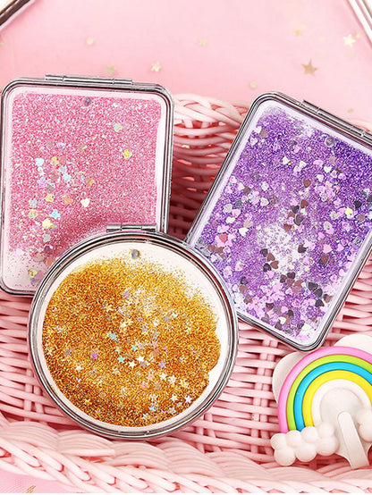 Shiny Quicksand Makeup Mirror Portable Magnifying Hand Square Makeup Standing Vanity Foldable Pocket Mirror Cute Compact Girls,Makeup,Cheap,Room Decor,Vanity,Travel,Bedroom,Makeup Accessories,Mirror,V