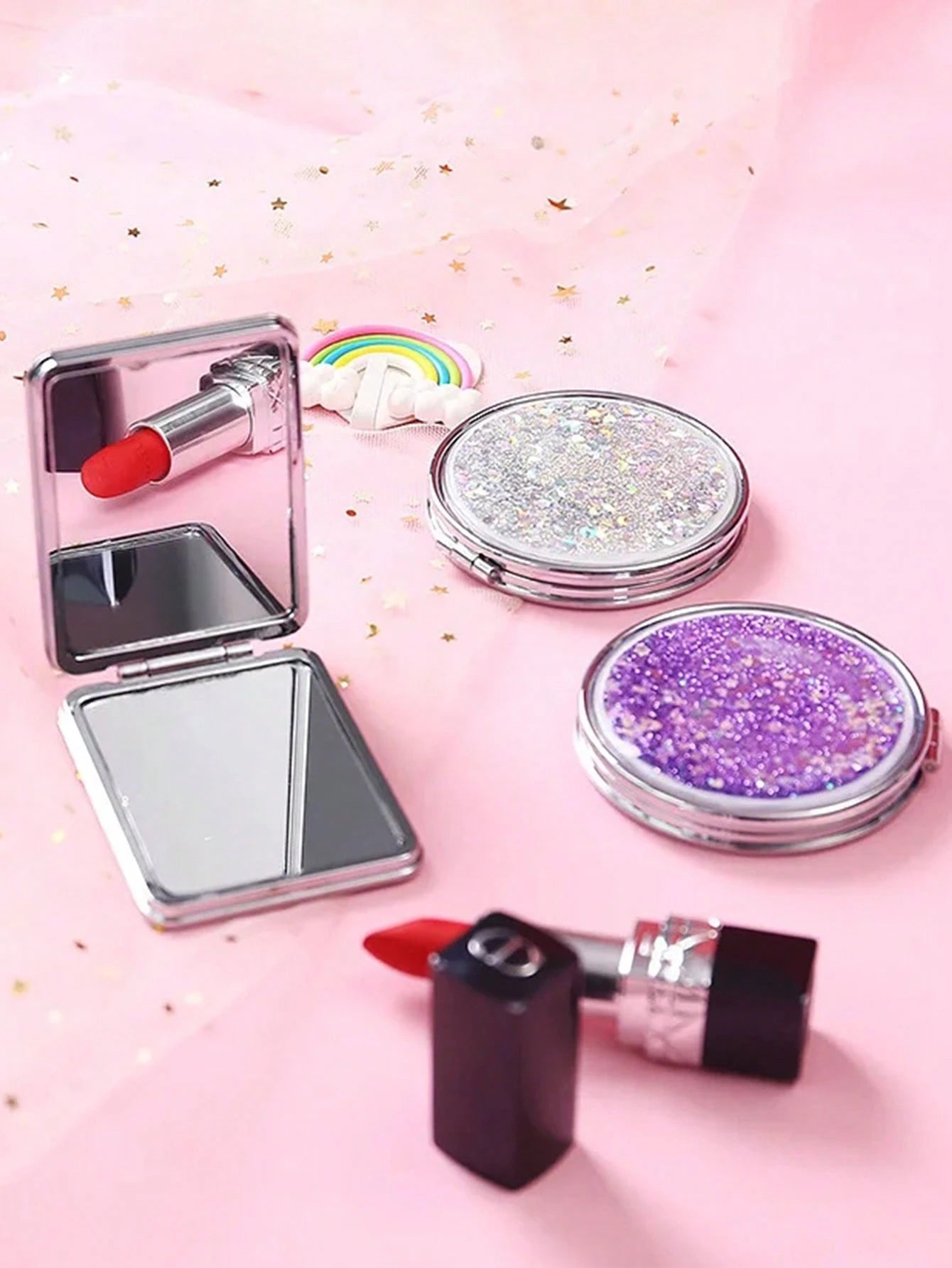 Shiny Quicksand Makeup Mirror Portable Magnifying Hand Square Makeup Standing Vanity Foldable Pocket Mirror Cute Compact Girls,Makeup,Cheap,Room Decor,Vanity,Travel,Bedroom,Makeup Accessories,Mirror,V