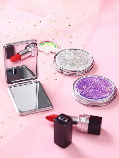 Shiny Quicksand Makeup Mirror Portable Magnifying Hand Square Makeup Standing Vanity Foldable Pocket Mirror Cute Compact Girls,Makeup,Cheap,Room Decor,Vanity,Travel,Bedroom,Makeup Accessories,Mirror,V