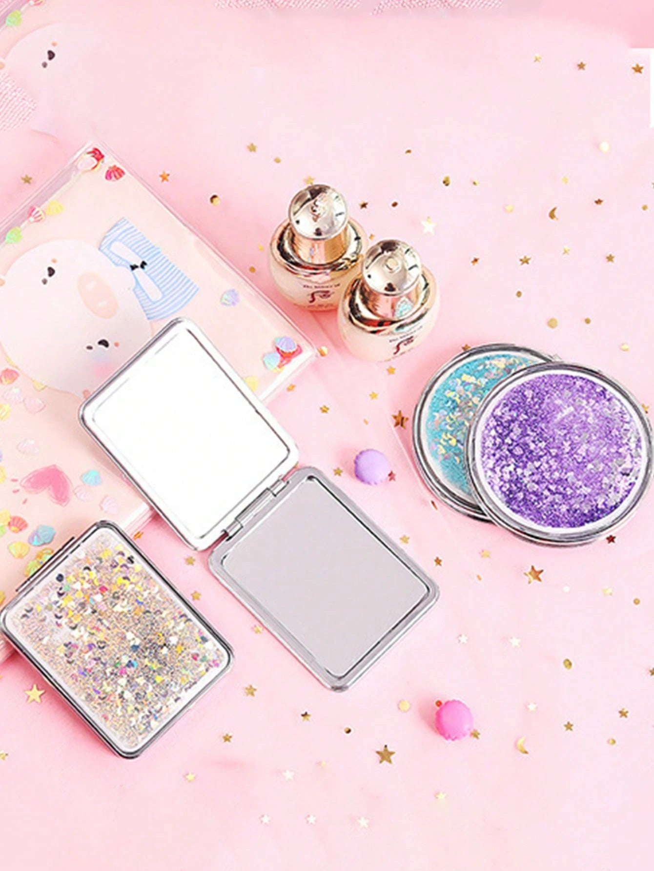 Shiny Quicksand Makeup Mirror Portable Magnifying Hand Square Makeup Standing Vanity Foldable Pocket Mirror Cute Compact Girls,Makeup,Cheap,Room Decor,Vanity,Travel,Bedroom,Makeup Accessories,Mirror,V
