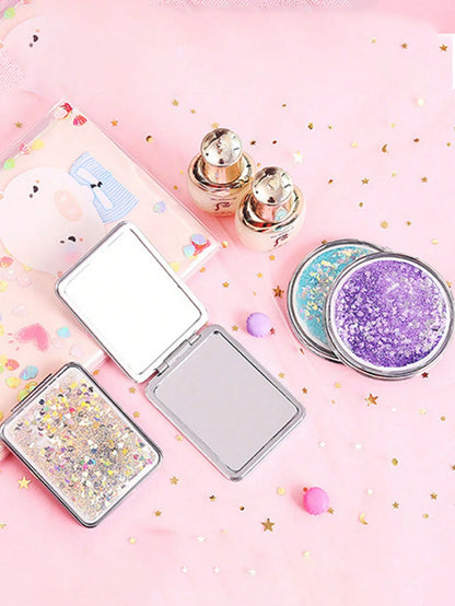 Shiny Quicksand Makeup Mirror Portable Magnifying Hand Square Makeup Standing Vanity Foldable Pocket Mirror Cute Compact Girls,Makeup,Cheap,Room Decor,Vanity,Travel,Bedroom,Makeup Accessories,Mirror,V