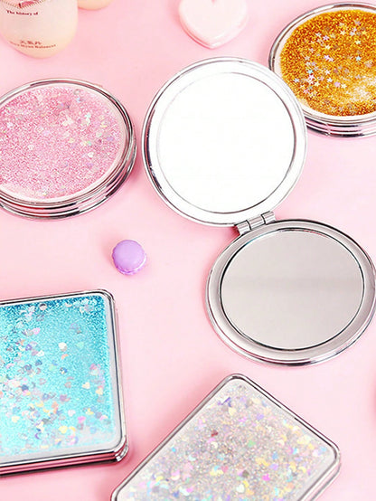 Shiny Quicksand Makeup Mirror Portable Magnifying Hand Square Makeup Standing Vanity Foldable Pocket Mirror Cute Compact Girls,Makeup,Cheap,Room Decor,Vanity,Travel,Bedroom,Makeup Accessories,Mirror,V