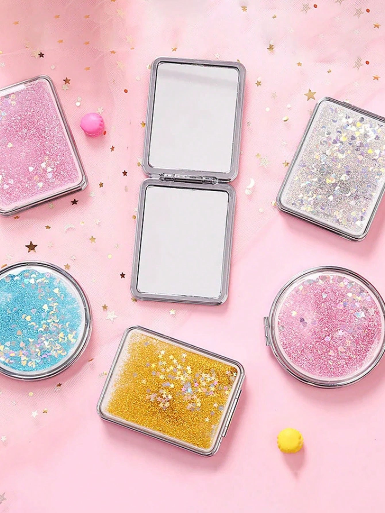 Shiny Quicksand Makeup Mirror Portable Magnifying Hand Square Makeup Standing Vanity Foldable Pocket Mirror Cute Compact Girls,Makeup,Cheap,Room Decor,Vanity,Travel,Bedroom,Makeup Accessories,Mirror,V