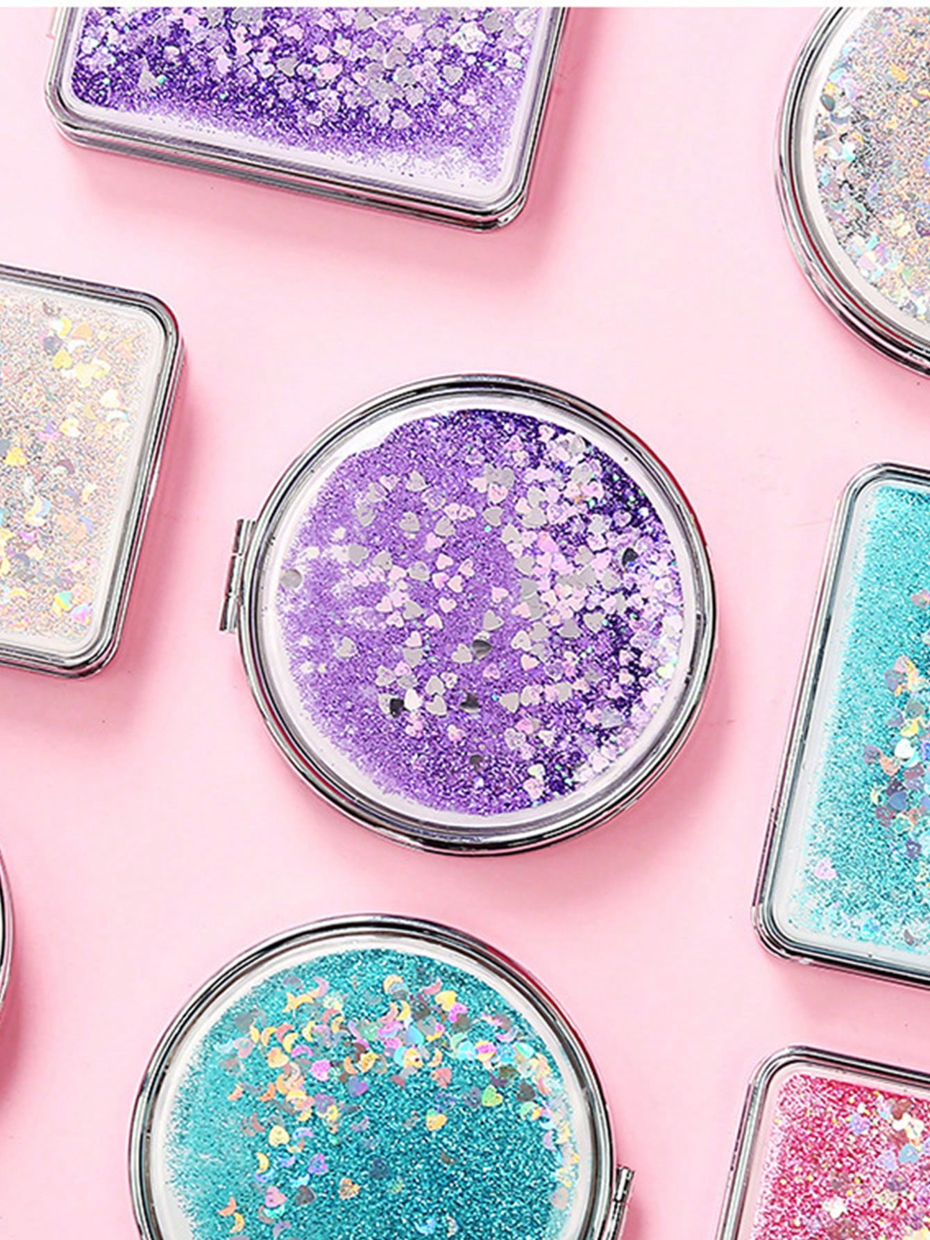 Shiny Quicksand Makeup Mirror Portable Magnifying Hand Square Makeup Standing Vanity Foldable Pocket Mirror Cute Compact Girls,Makeup,Cheap,Room Decor,Vanity,Travel,Bedroom,Makeup Accessories,Mirror,V