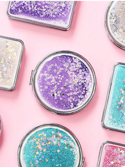 Shiny Quicksand Makeup Mirror Portable Magnifying Hand Square Makeup Standing Vanity Foldable Pocket Mirror Cute Compact Girls,Makeup,Cheap,Room Decor,Vanity,Travel,Bedroom,Makeup Accessories,Mirror,V