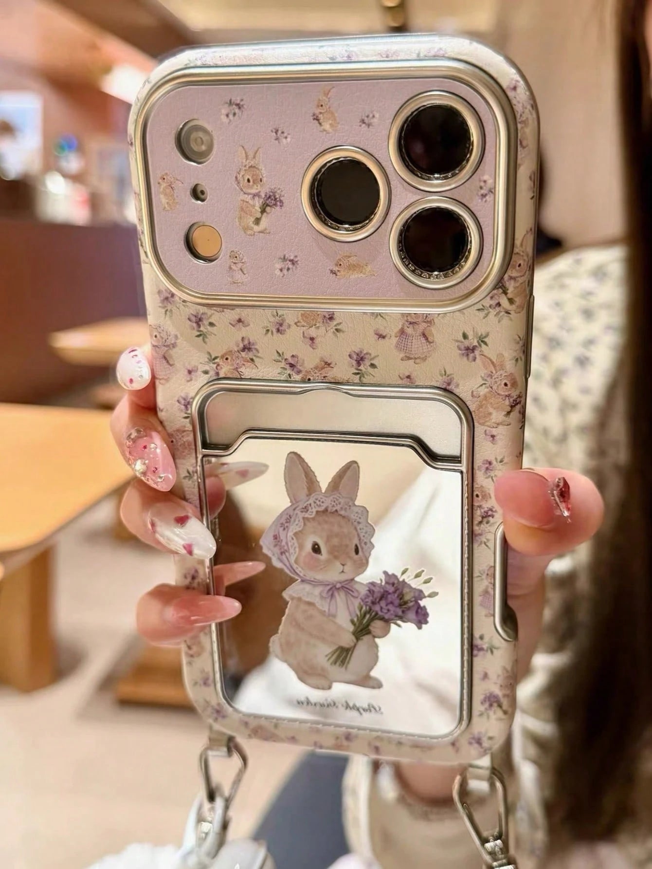Shockproof Cardholder Cartoon Purple Bunny Holding Flowers Mirror Phone Case Suitable For IPhone 17 Pro Max, Apple 17 Pro, Large Window, 16 Personalized, 15 Creative, 14 Girly, 13 New, 16 Pro Max, 16
