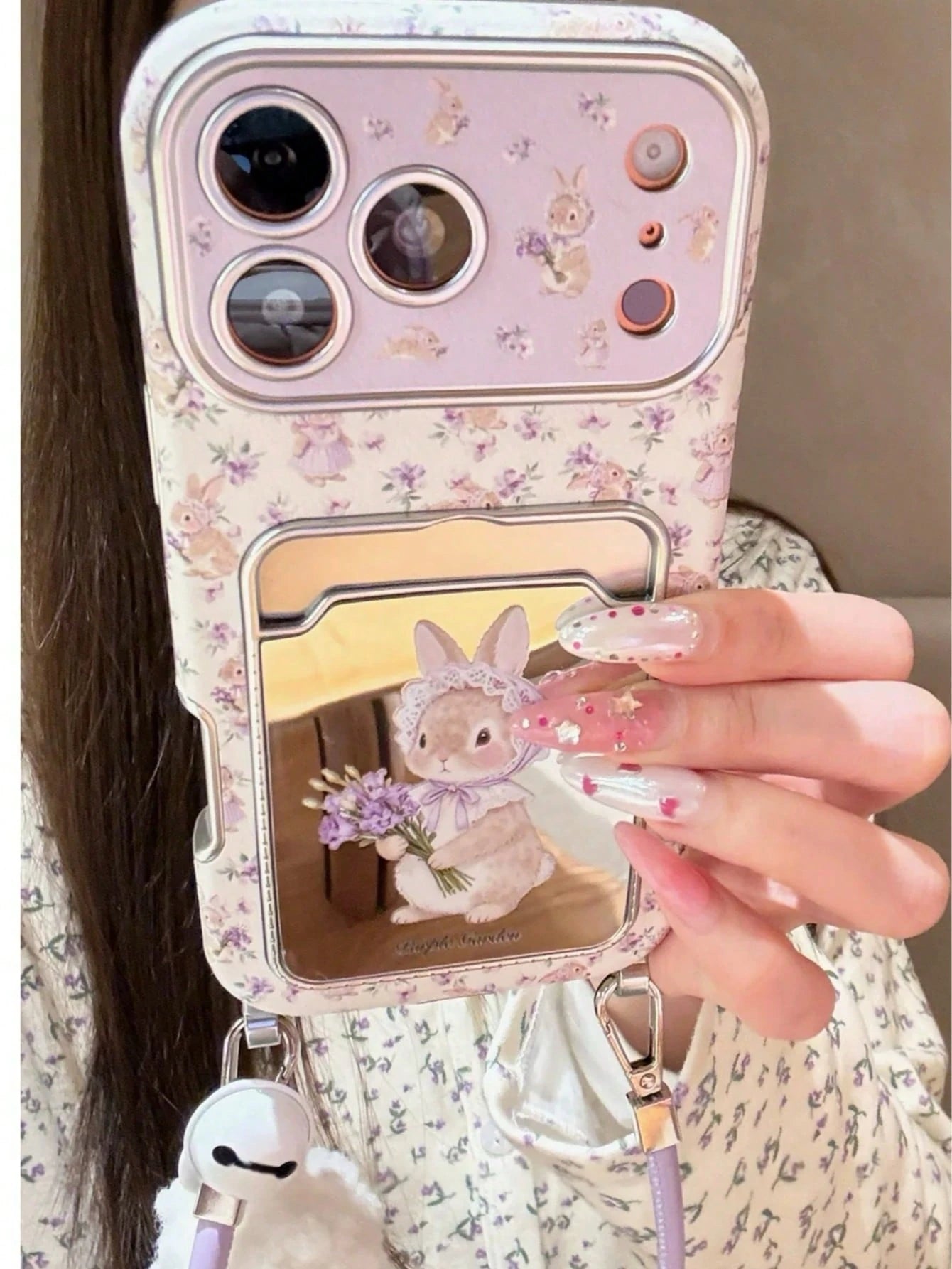 Shockproof Cardholder Cartoon Purple Bunny Holding Flowers Mirror Phone Case Suitable For IPhone 17 Pro Max, Apple 17 Pro, Large Window, 16 Personalized, 15 Creative, 14 Girly, 13 New, 16 Pro Max, 16
