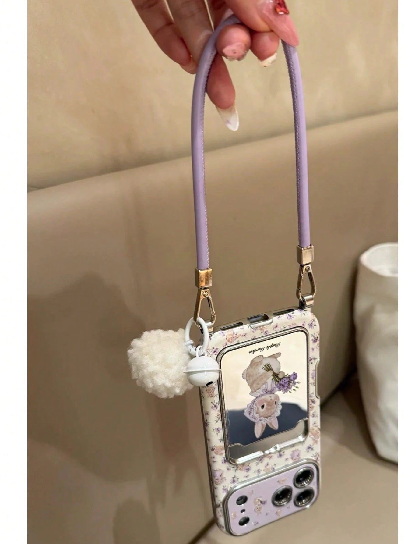 Shockproof Cardholder Cartoon Purple Bunny Holding Flowers Mirror Phone Case Suitable For IPhone 17 Pro Max, Apple 17 Pro, Large Window, 16 Personalized, 15 Creative, 14 Girly, 13 New, 16 Pro Max, 16