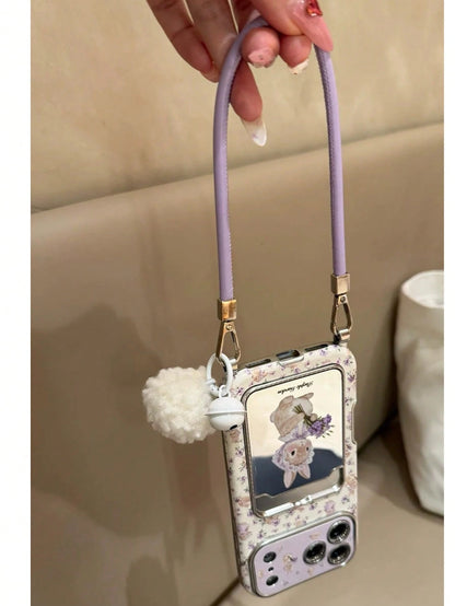 Shockproof Cardholder Cartoon Purple Bunny Holding Flowers Mirror Phone Case Suitable For IPhone 17 Pro Max, Apple 17 Pro, Large Window, 16 Personalized, 15 Creative, 14 Girly, 13 New, 16 Pro Max, 16