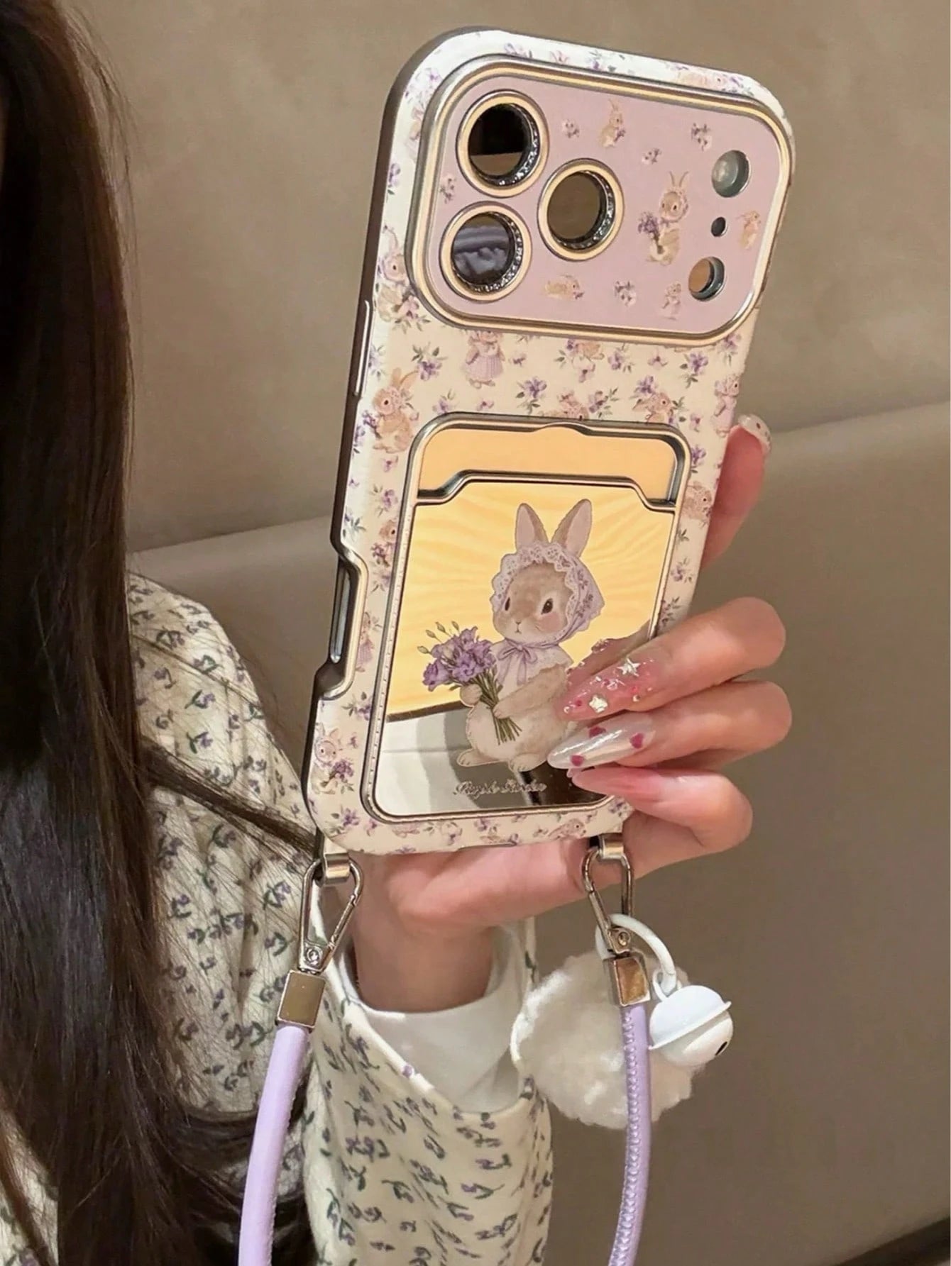 Shockproof Cardholder Cartoon Purple Bunny Holding Flowers Mirror Phone Case Suitable For IPhone 17 Pro Max, Apple 17 Pro, Large Window, 16 Personalized, 15 Creative, 14 Girly, 13 New, 16 Pro Max, 16