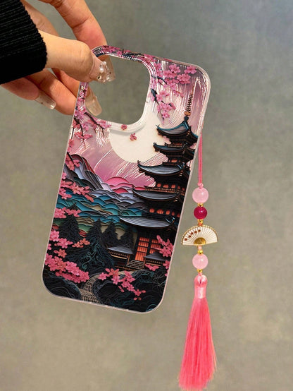 Shockproof Chinese Style Landscape Pagoda Floral Oil Painting Pattern Translucent Painted Chinese Style Hanging Charm Case, Elegant Fashion Design Compatible With Iphone16/IPhone16 Pro Max/IPhone15, I